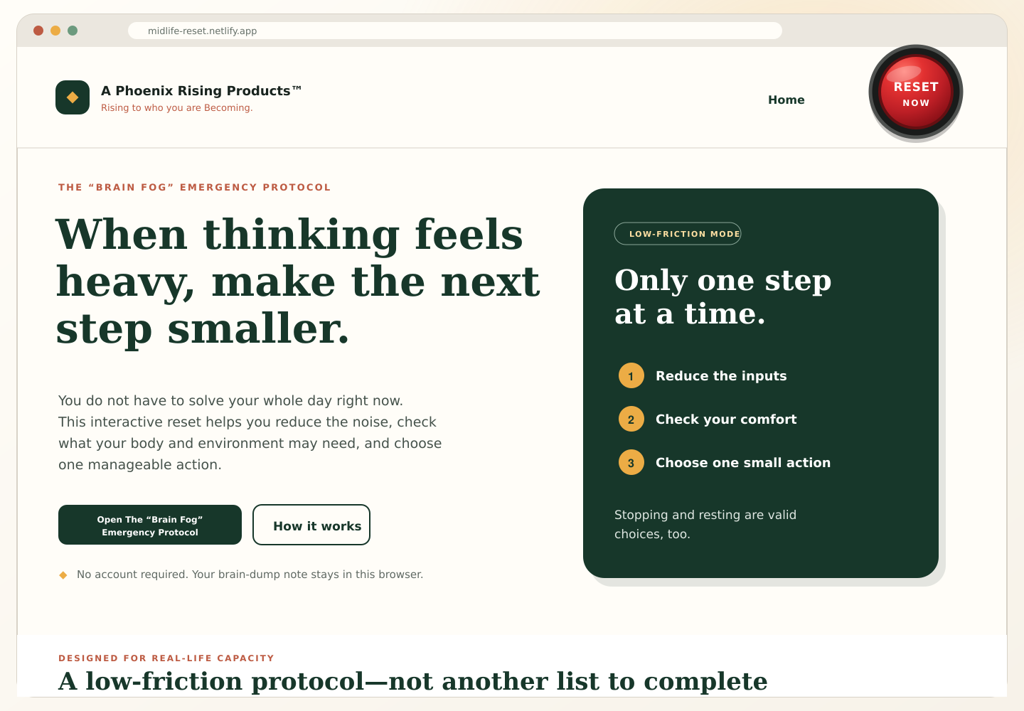 Home screen preview of The Brain Fog Emergency Protocol with the large red Reset Now button