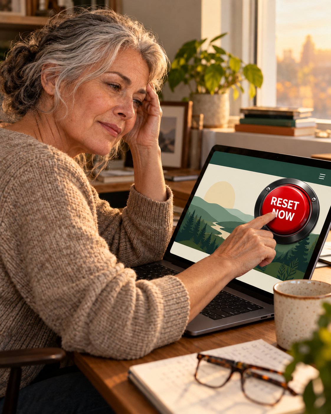 A mature woman using the round red Reset Now button on The Brain Fog Emergency Protocol